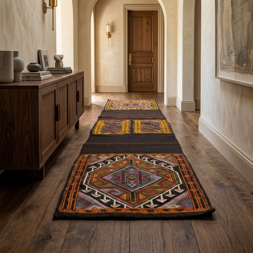 Oriental pattern on the Ahupezir vintage kilim rug – handwoven flatweave in Anatolia, Turkey