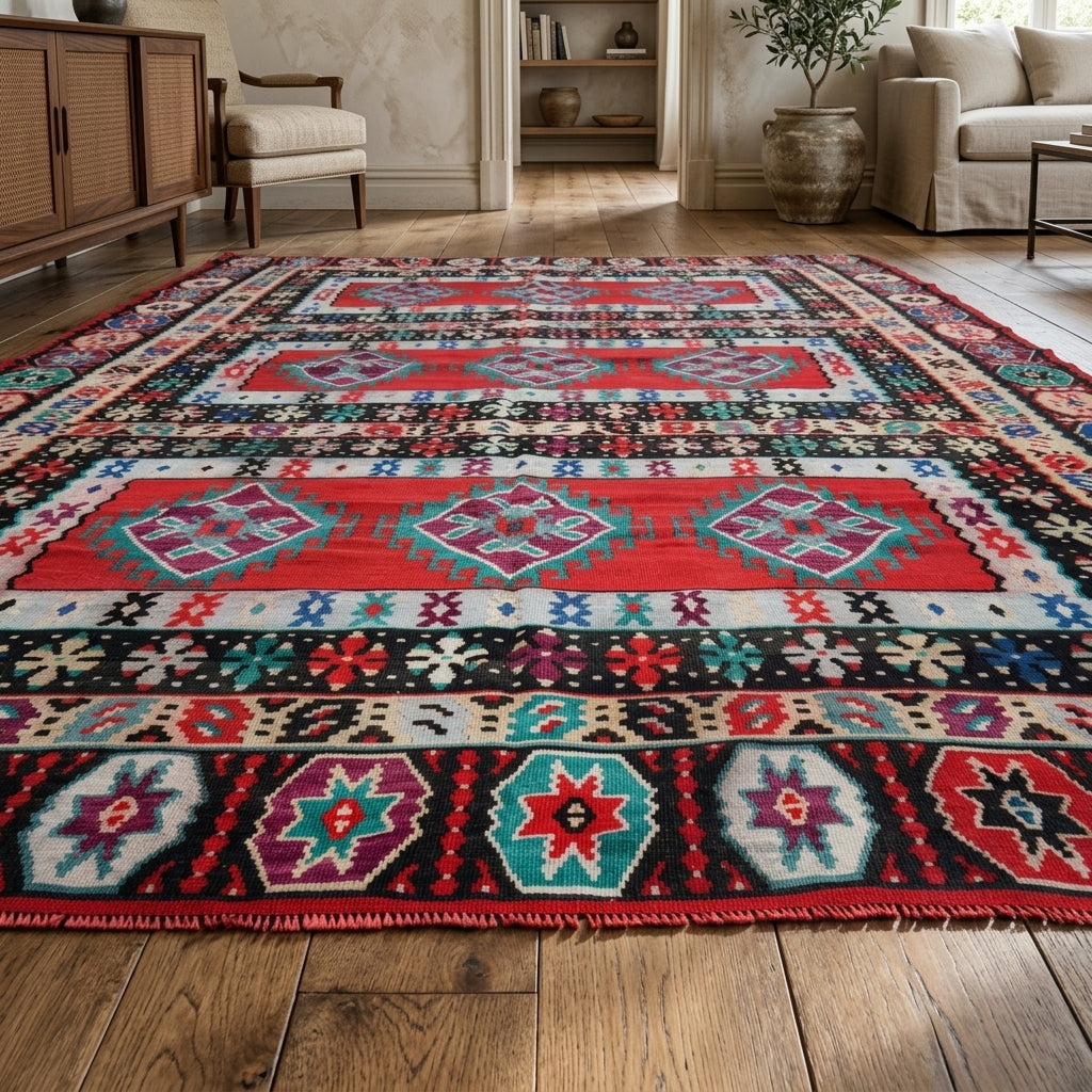 Oriental pattern on the Aglaophone vintage kilim rug – handwoven flatweave in Anatolia, Turkey