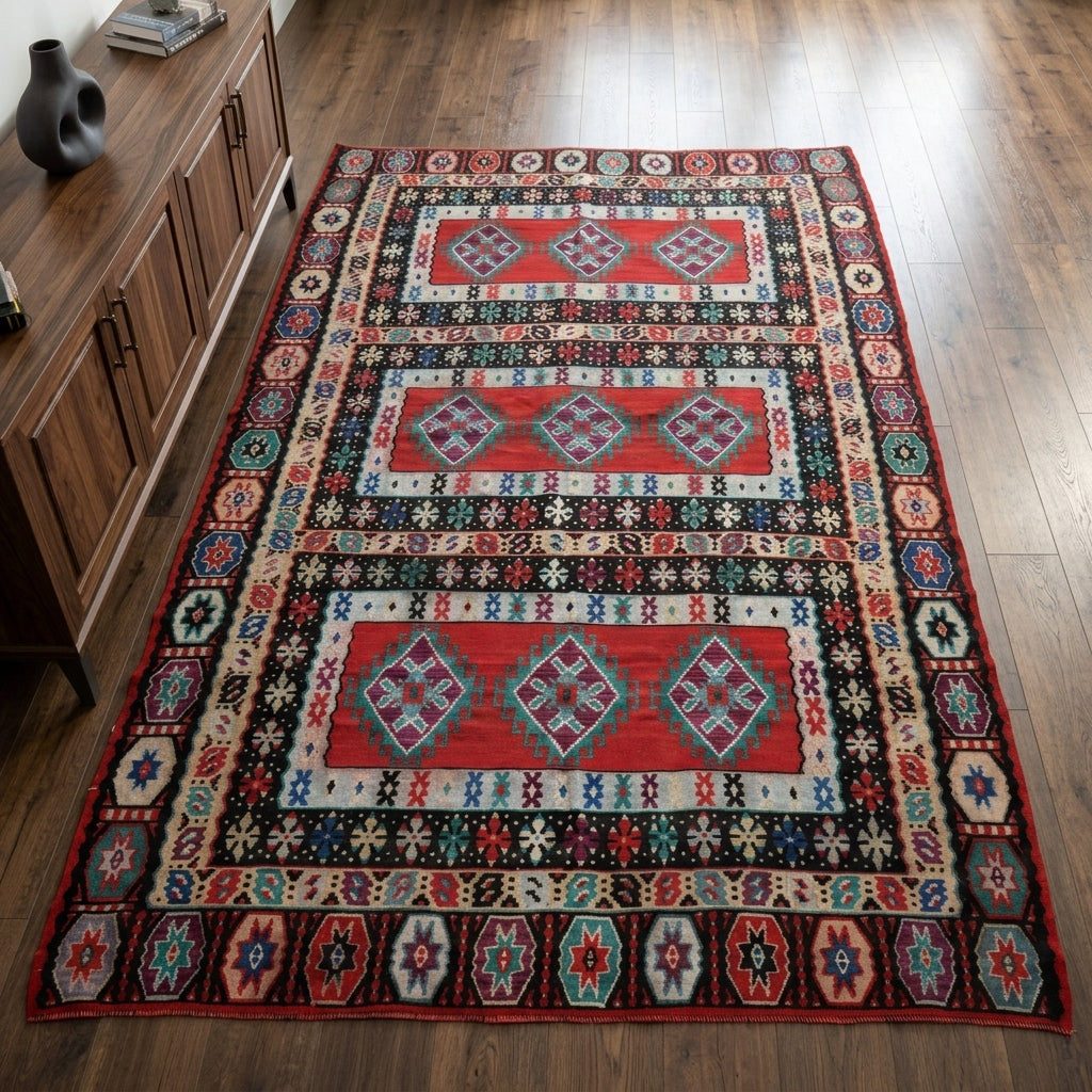 Oriental pattern on the Aglaophone vintage kilim rug – handwoven flatweave in Anatolia, Turkey