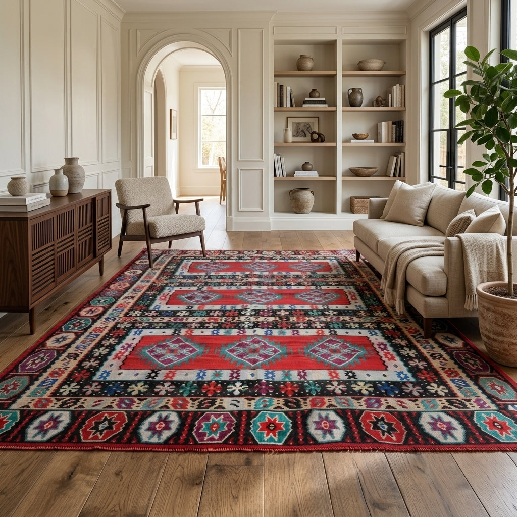 Oriental pattern on the Aglaonassa vintage kilim rug – handwoven flatweave in Anatolia, Turkey