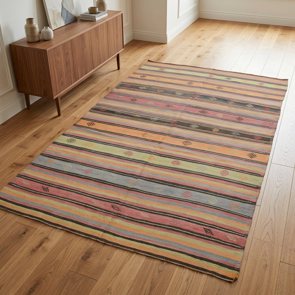 Oriental pattern on the Aglaonassa vintage kilim rug – handwoven flatweave in Anatolia, Turkey