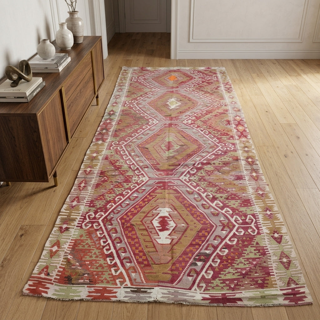 Oriental pattern on the Aglaomira vintage kilim runner rug – handwoven flatweave in Anatolia, Turkey