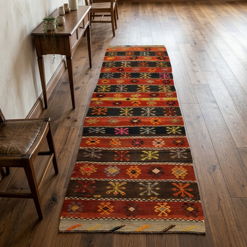 Oriental pattern on the Melissopheme vintage kilim runner rug – handwoven flatweave in Anatolia, Turkey