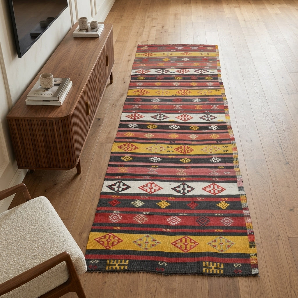 Oriental pattern on the Milos vintage kilim runner rug – handwoven flatweave in Anatolia, Turkey