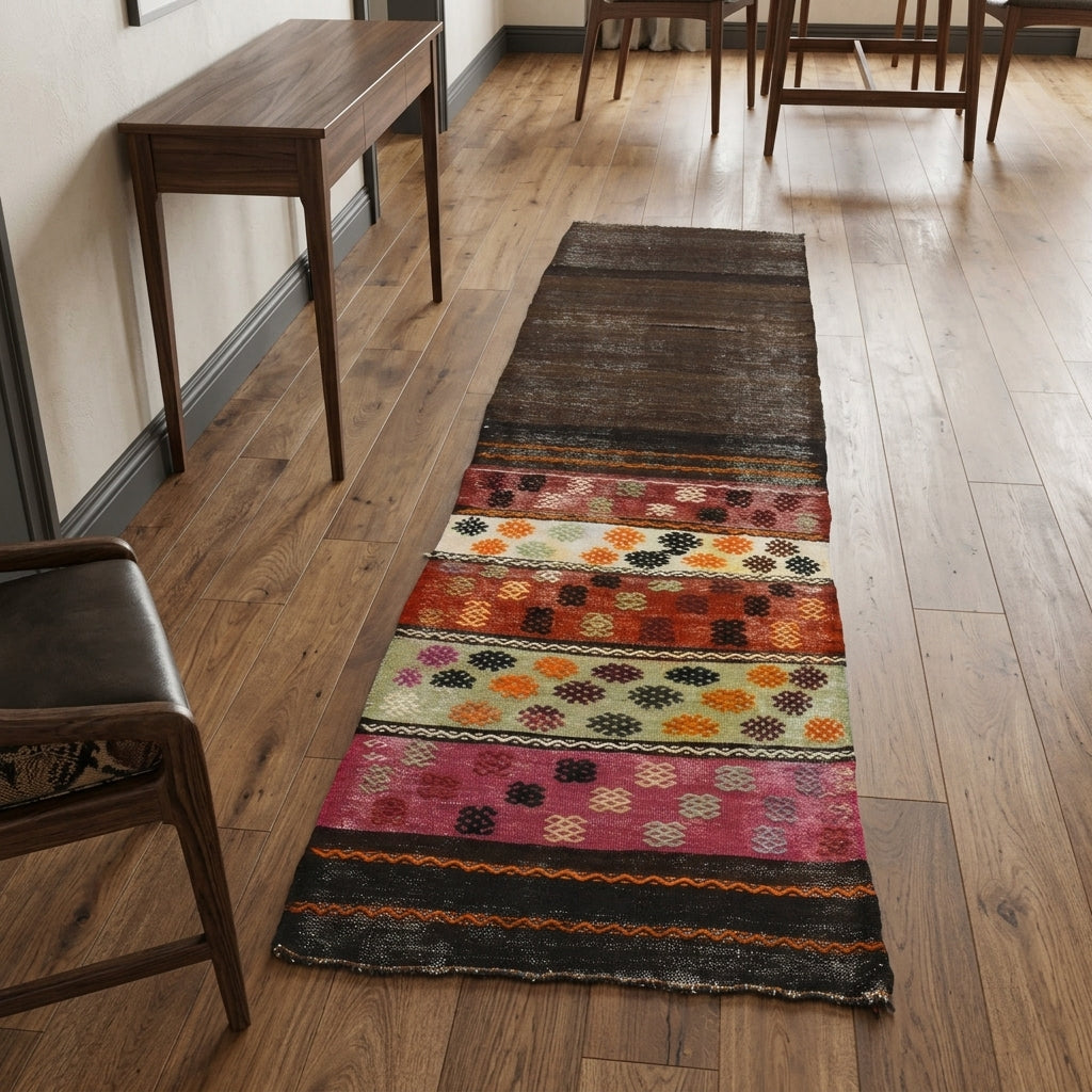 Oriental pattern on the Melissolyra vintage kilim runner rug – handwoven flatweave in Anatolia, Turkey