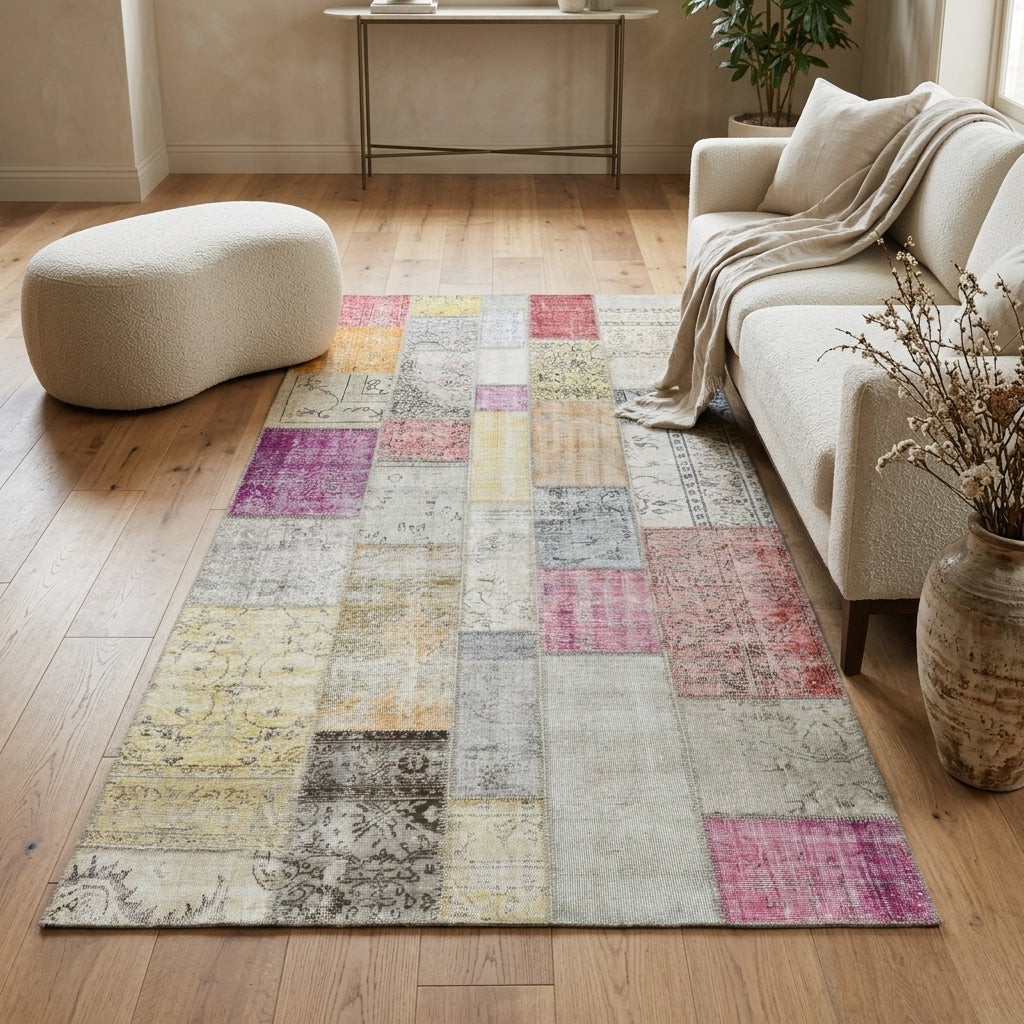 Floral pattern on the Milana vintage patchwork runner rug – handmade in Anatolia, Turkey