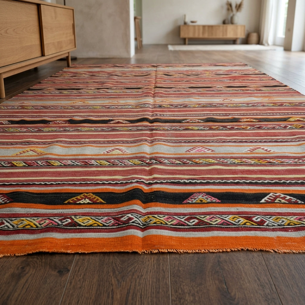 Oriental pattern on the Aglaogena vintage kilim rug – handwoven flatweave in Anatolia, Turkey