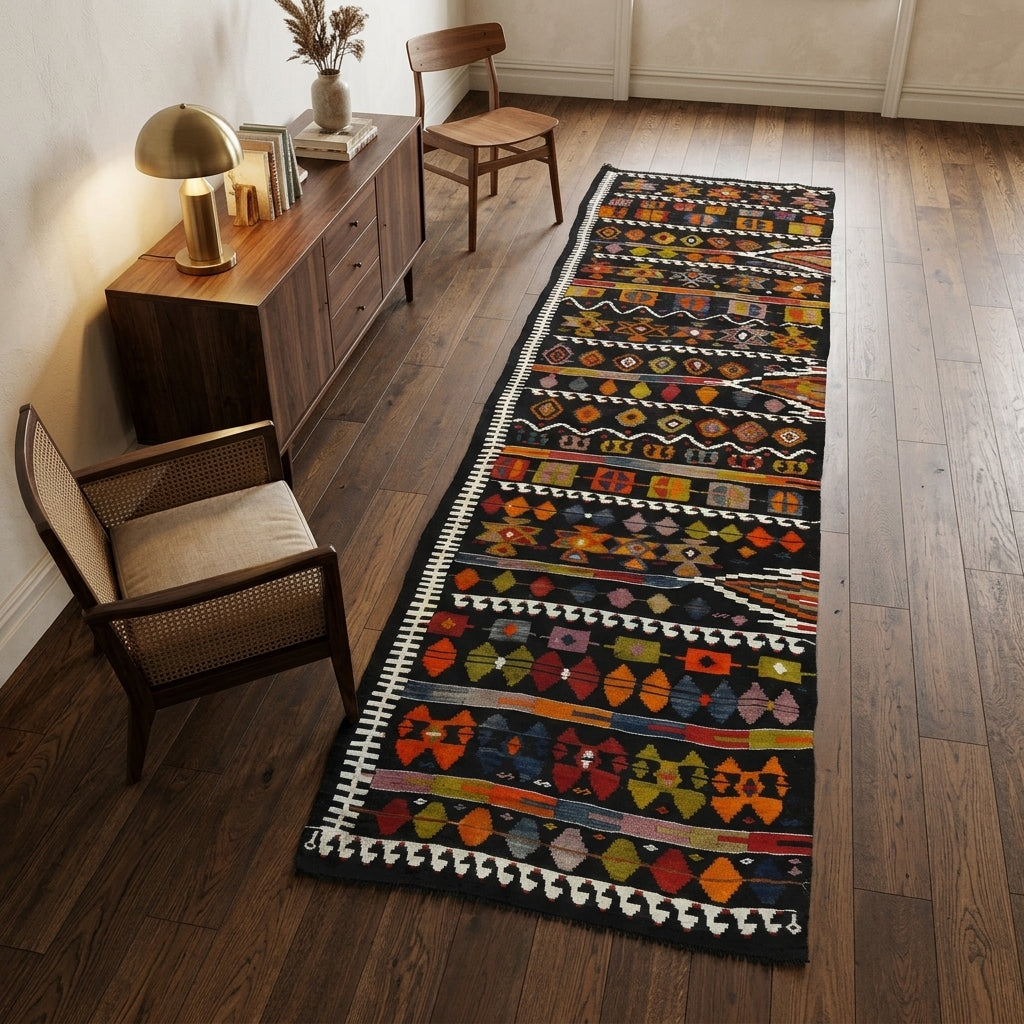 Oriental pattern on the Mehpezir vintage kilim runner rug – handwoven flatweave in Anatolia, Turkey