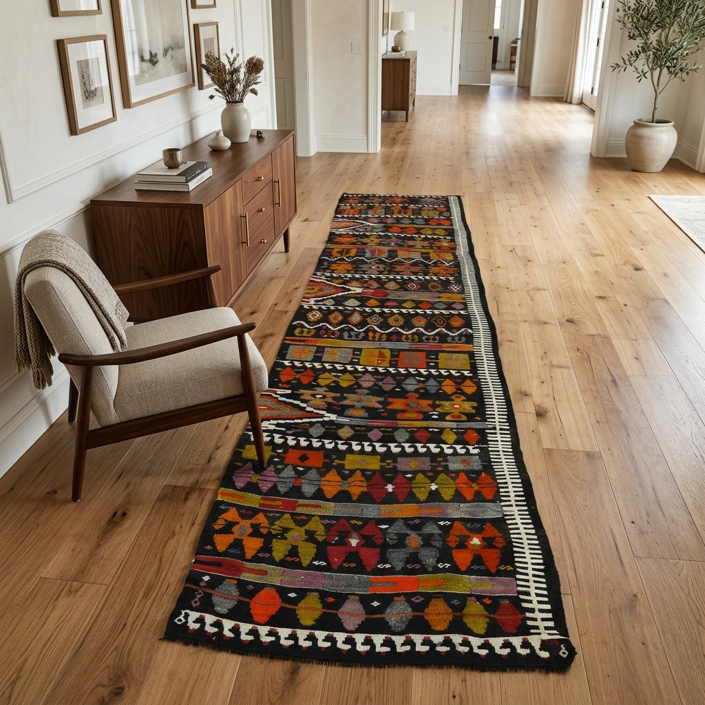 Oriental pattern on the Mehdeniz vintage kilim runner rug – handwoven flatweave in Anatolia, Turkey