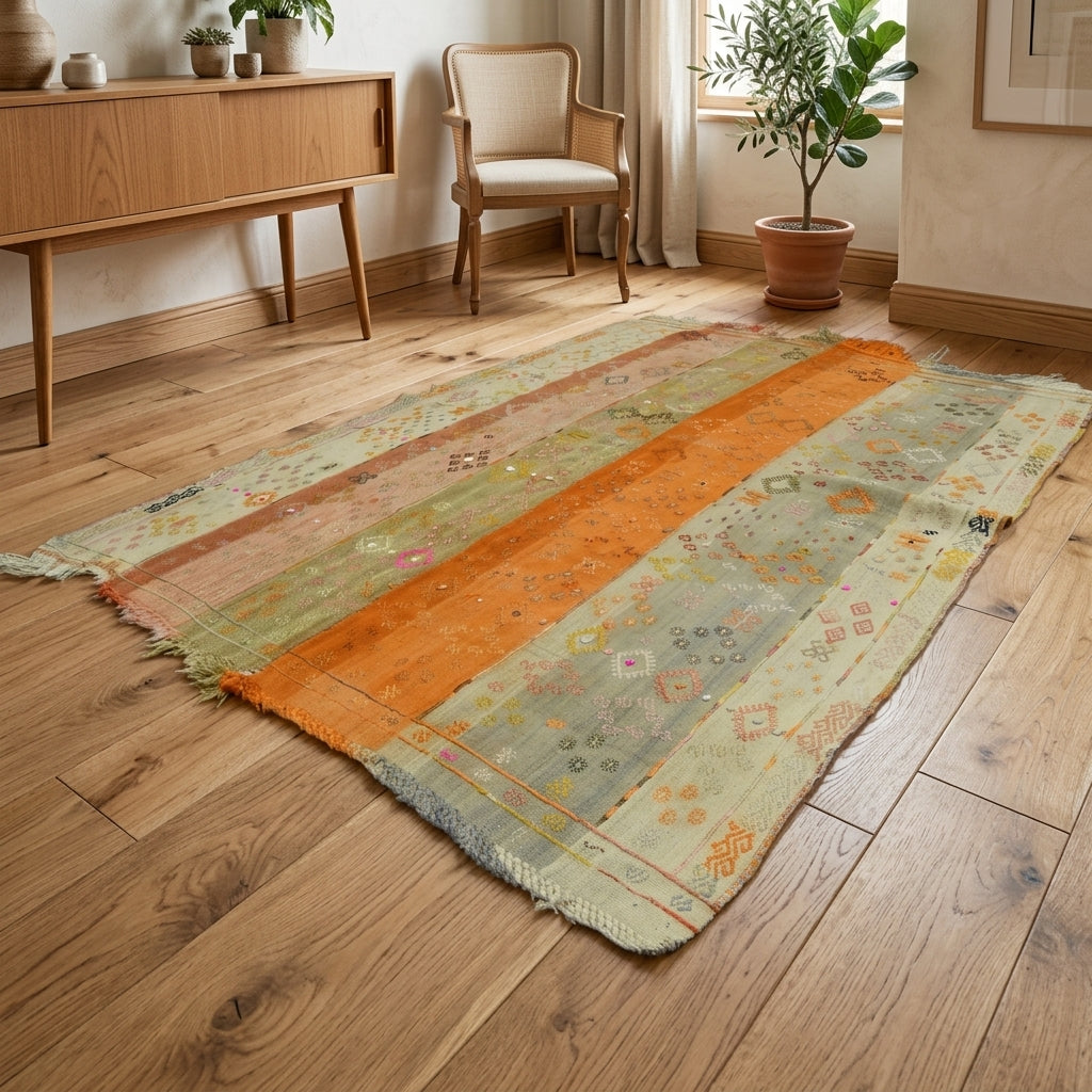 Oriental pattern on the Yesimpare vintage kilim rug – handwoven flatweave in Anatolia, Turkey