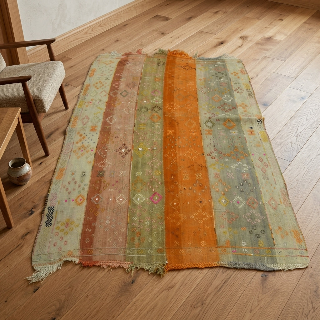 Oriental pattern on the Yesimpare vintage kilim rug – handwoven flatweave in Anatolia, Turkey
