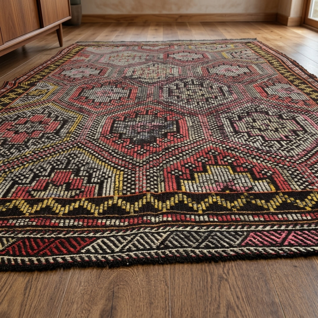 Oriental pattern on the Agathopelia vintage kilim rug – handwoven flatweave in Anatolia, Turkey