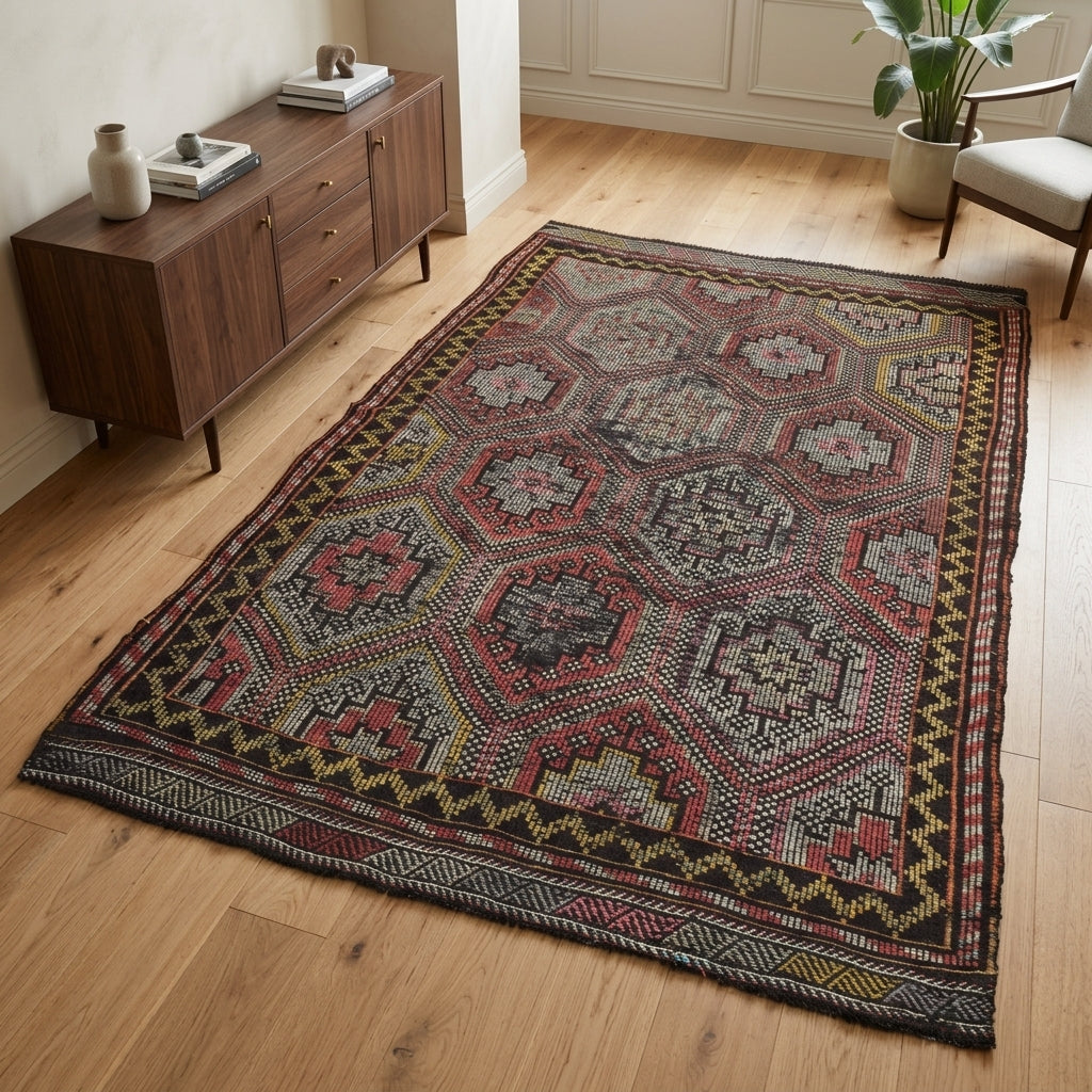 Oriental pattern on the Agathopelia vintage kilim rug – handwoven flatweave in Anatolia, Turkey
