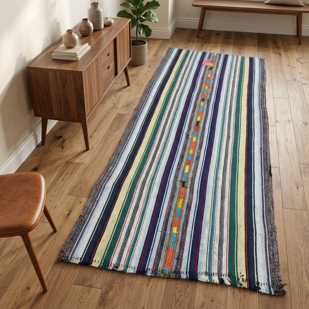 Oriental pattern on the Vefamelek vintage kilim runner rug – handwoven flatweave in Anatolia, Turkey