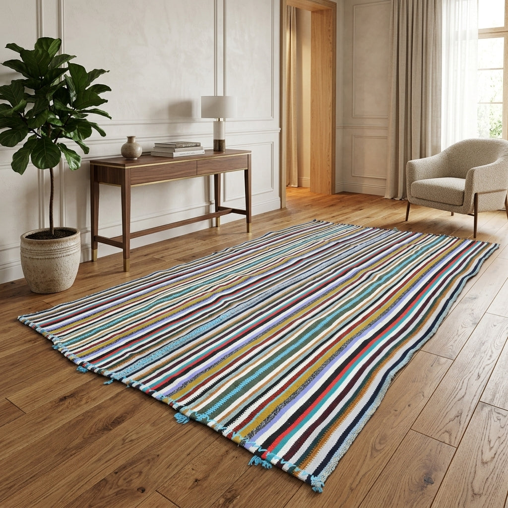 Striped pattern on the Delphirhoe vintage kilim rug – handwoven flatweave in Anatolia, Turkey
