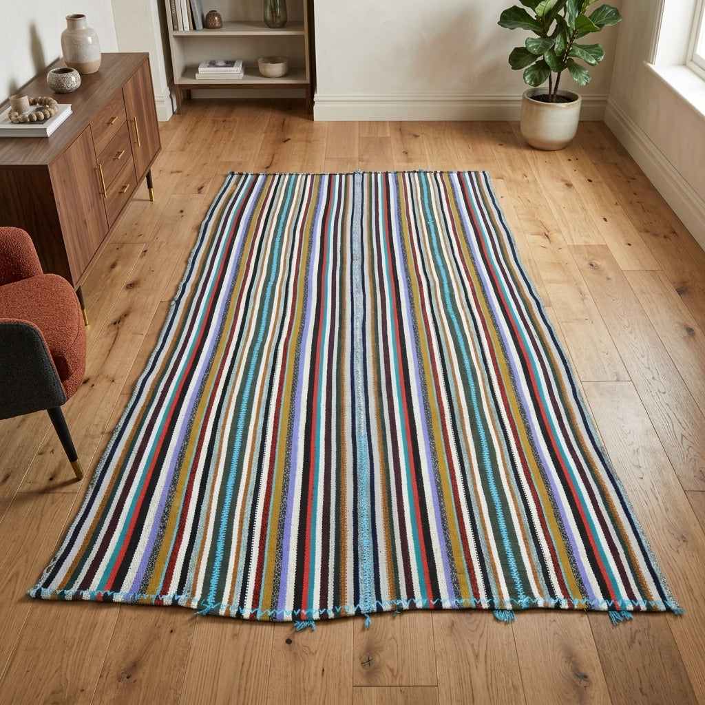 Striped pattern on the Delphirhoe vintage kilim rug – handwoven flatweave in Anatolia, Turkey
