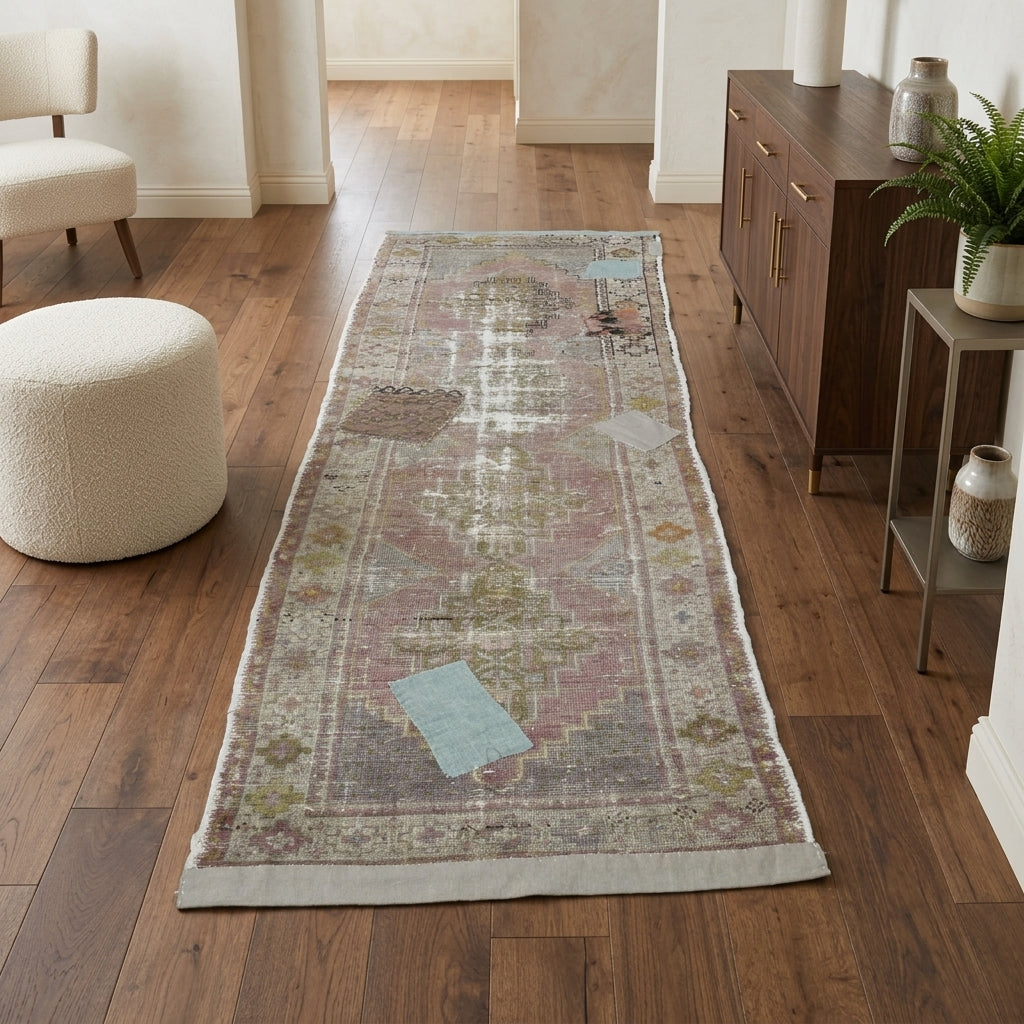 Oriental pattern on the Halonia vintage patchwork runner rug – handmade in Anatolia, Turkey