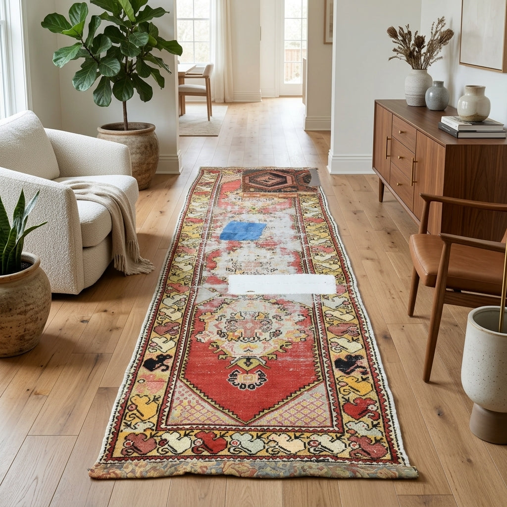 Oriental pattern on the Hedychoria vintage patchwork runner rug – handmade in Anatolia, Turkey