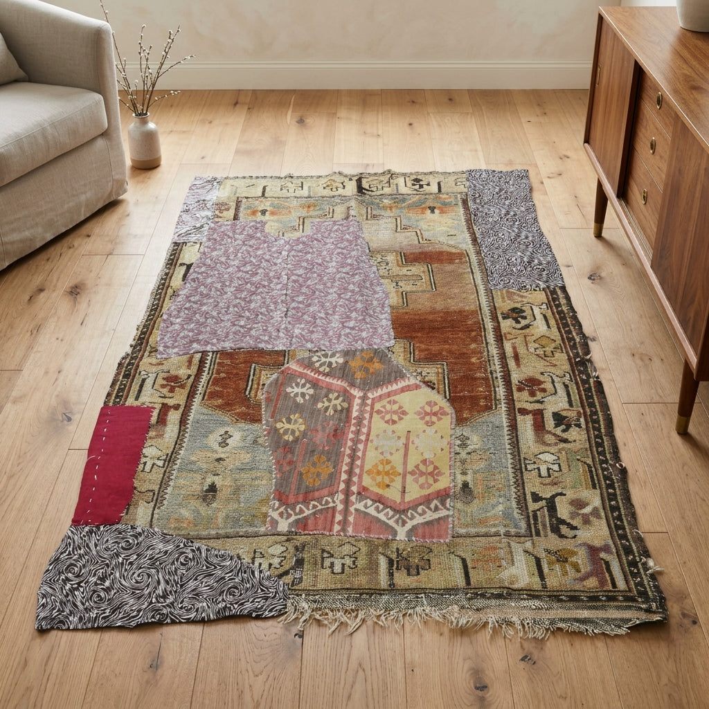 Abstract pattern on the Nergisperver vintage patchwork area rug – handmade in Anatolia, Turkey
