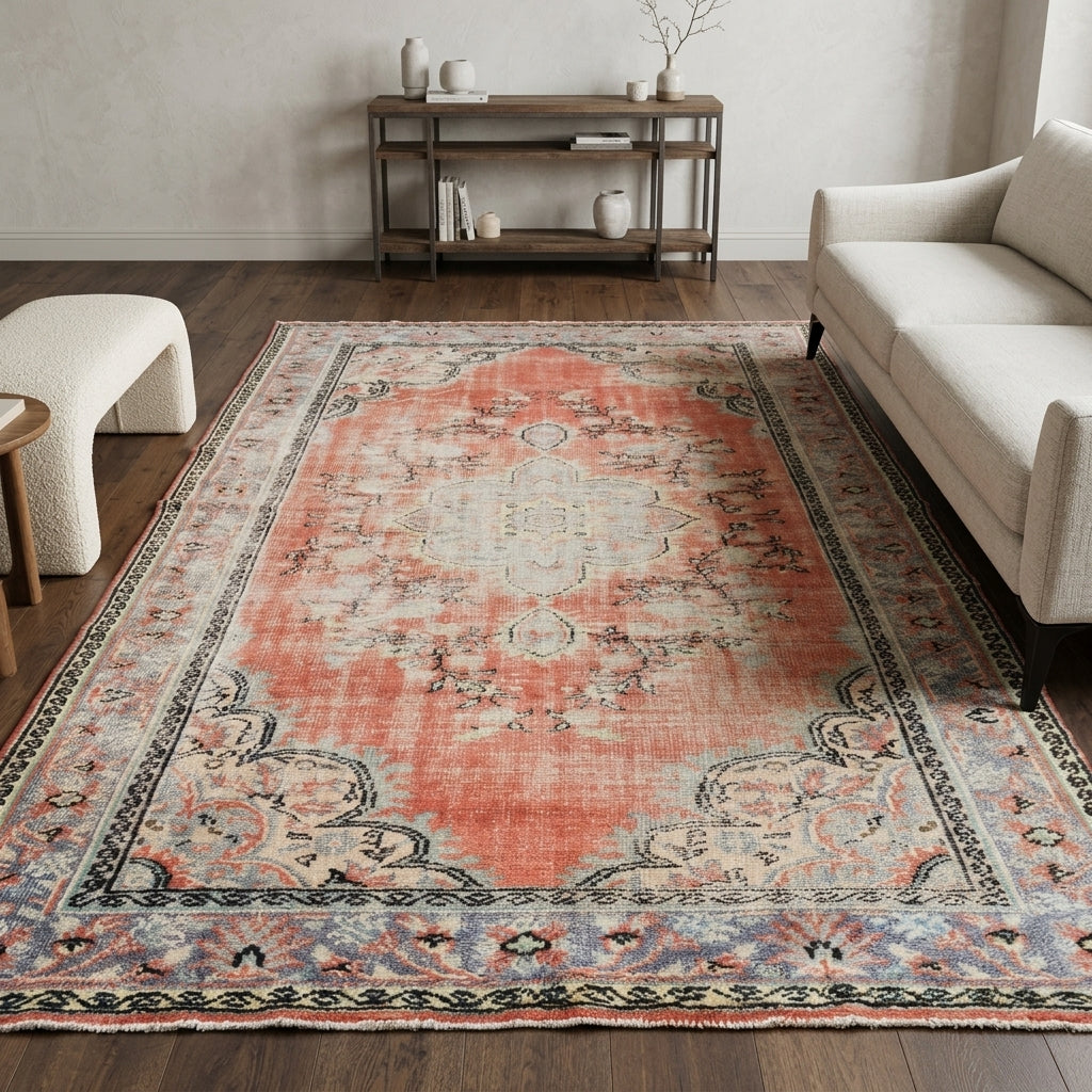 Oriental pattern on the Berilmelek vintage area rug – handmade in Anatolia, Turkey