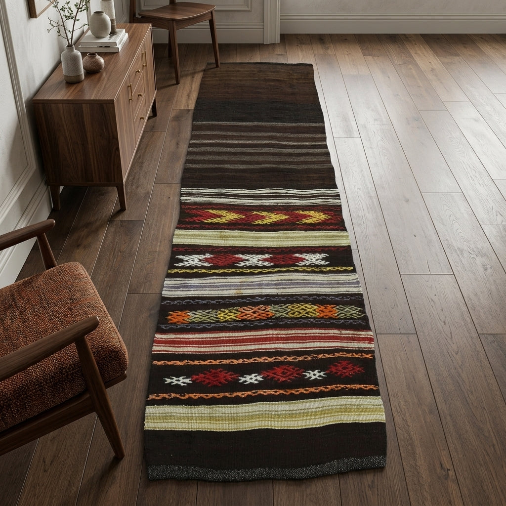 Ikat pattern on the Iripnoe vintage kilim runner rug – handwoven flatweave in Anatolia, Turkey