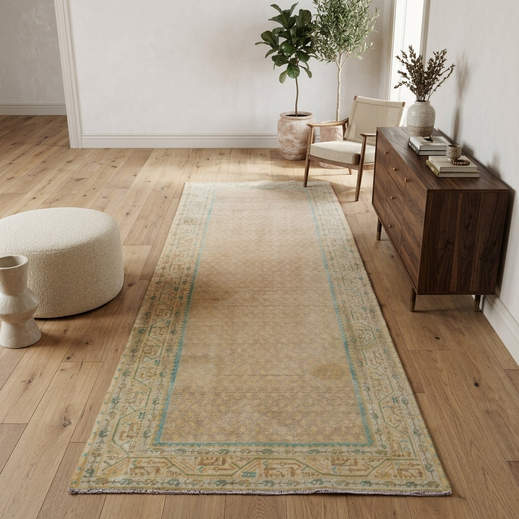 Ikat and bordered pattern on the Gunessu vintage runner rug – handmade in Anatolia, Turkey