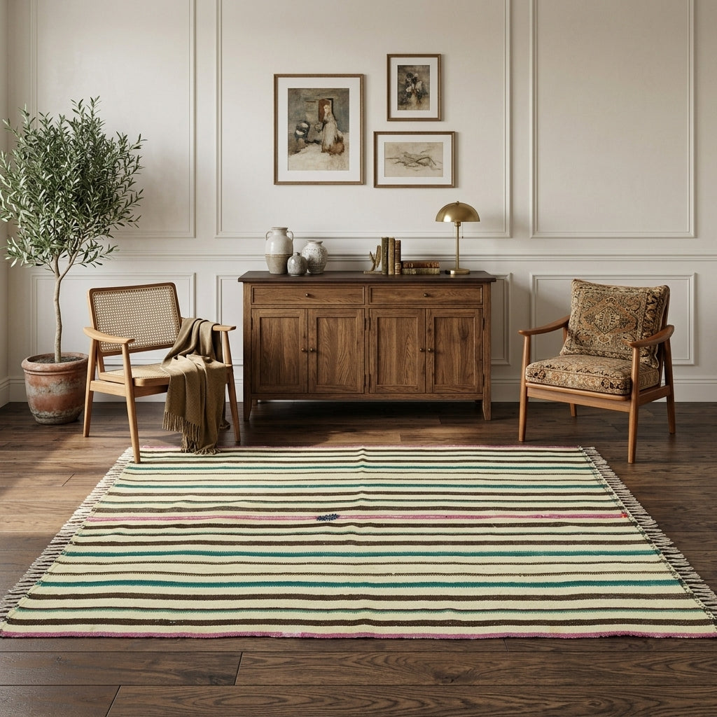 Striped pattern on the Parvaneh vintage kilim rug – handwoven flatweave in Anatolia, Turkey