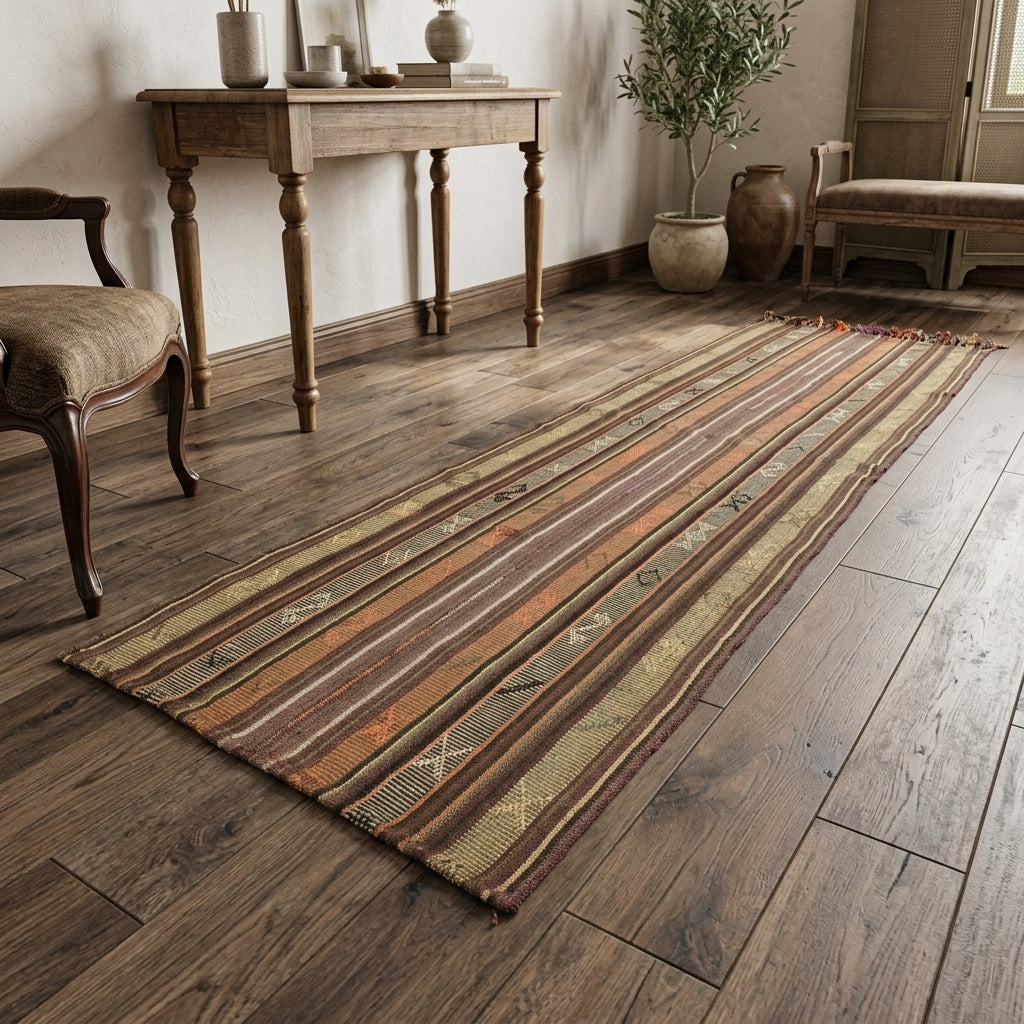 Tribal pattern on the Ioniathalia vintage kilim rug – handwoven flatweave in Anatolia, Turkey