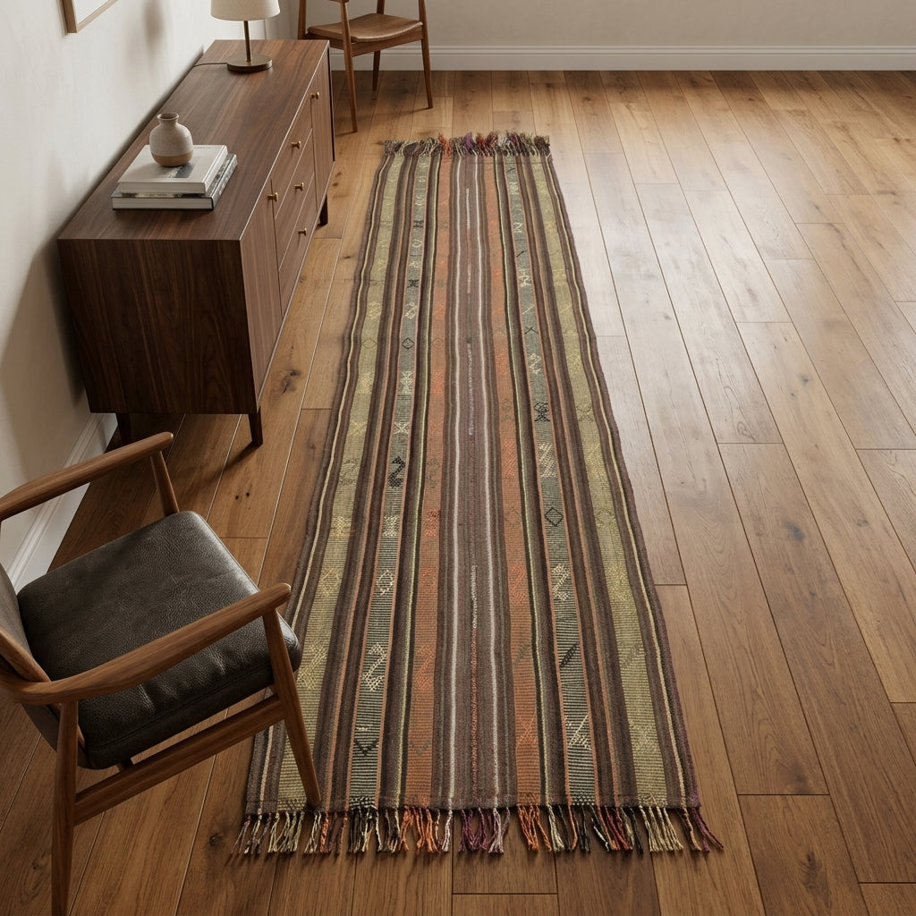 Tribal pattern on the Ioniathalia vintage kilim rug – handwoven flatweave in Anatolia, Turkey