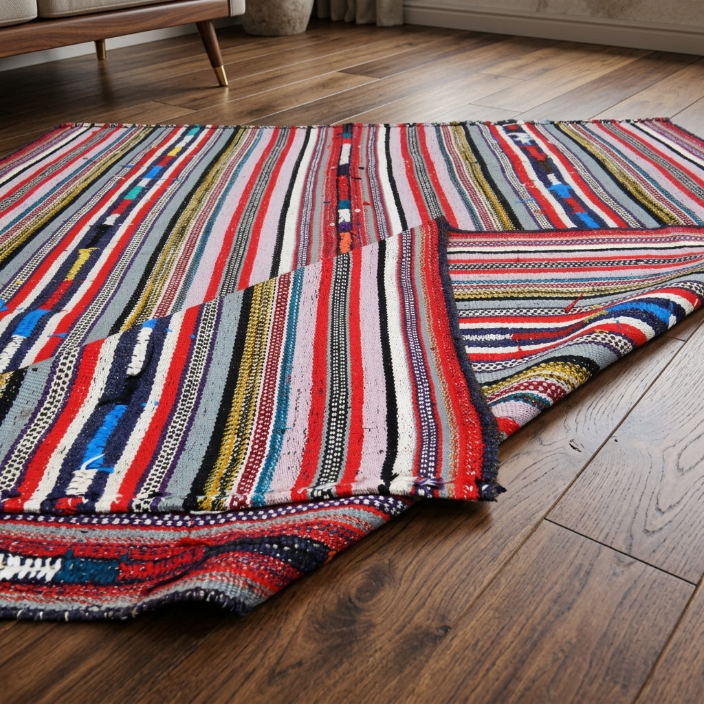 Striped pattern on the Papatyatac vintage kilim rug – handwoven flatweave in Anatolia, Turkey