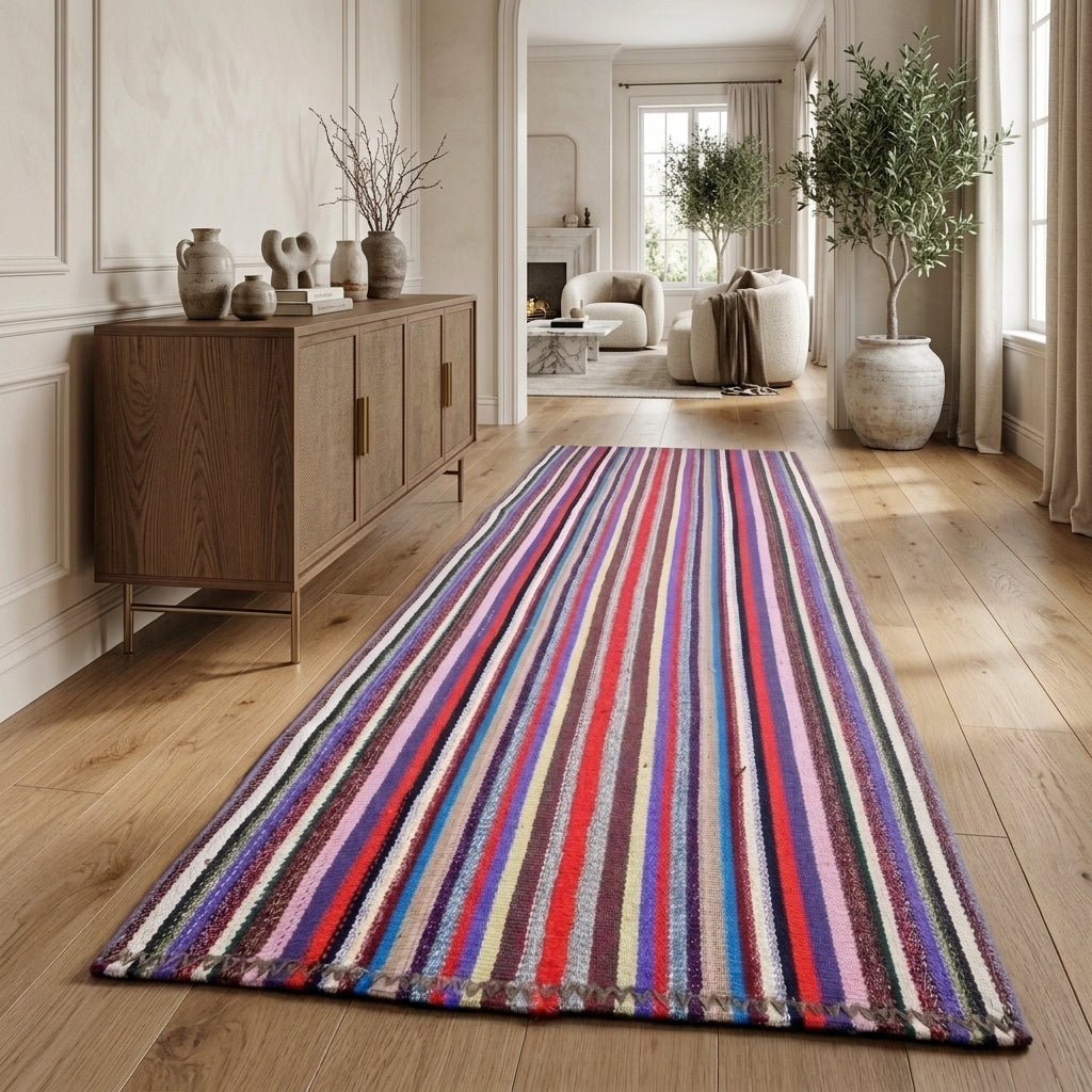 Striped pattern on the Pyrrozoe vintage kilim rug – handwoven flatweave in Anatolia, Turkey