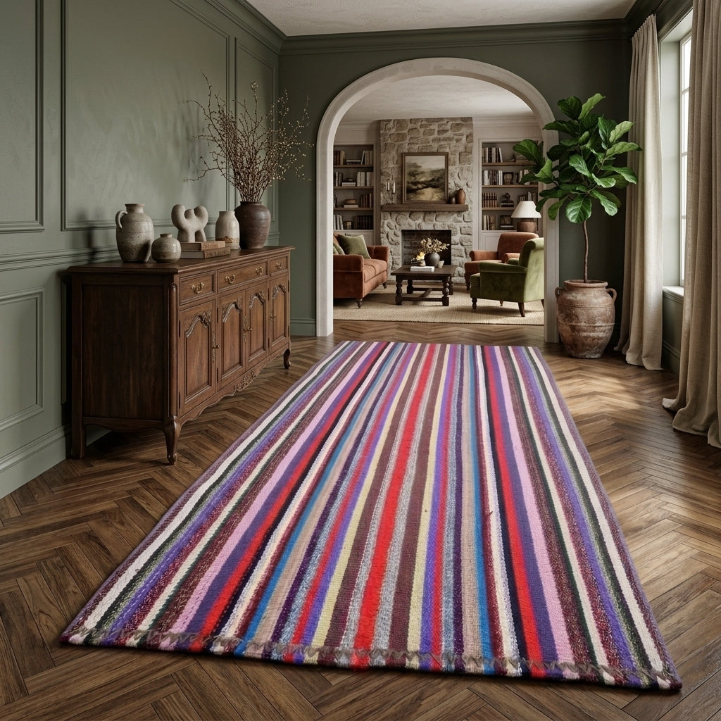 Striped pattern on the Nehirsad vintage kilim rug – handwoven flatweave in Anatolia, Turkey