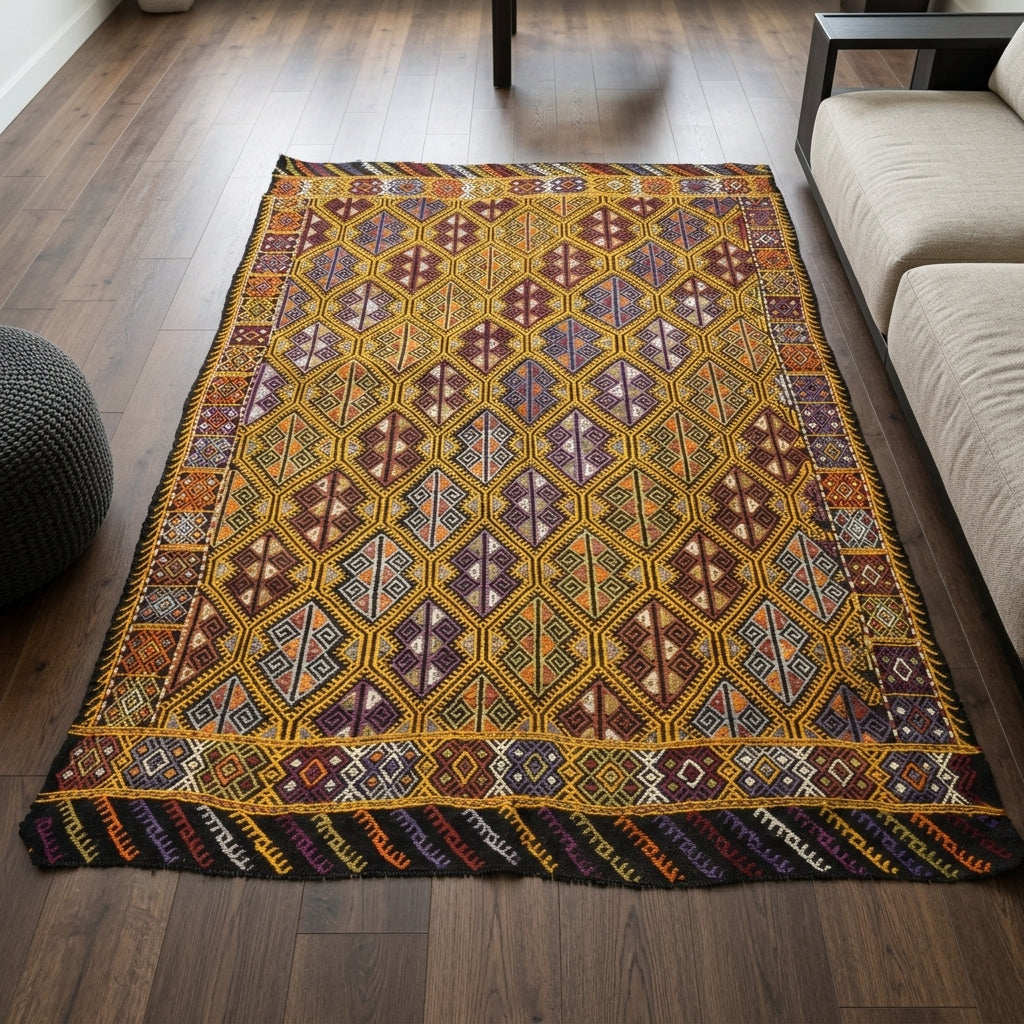 Ikat pattern on the Renginruh vintage kilim rug – handwoven flatweave in Anatolia, Turkey