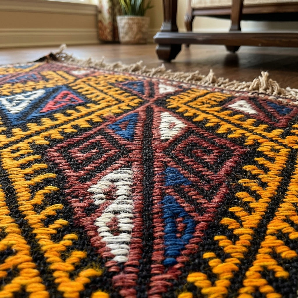 Ikat pattern on the Zeytinsad vintage kilim rug – handwoven flatweave in Anatolia, Turkey