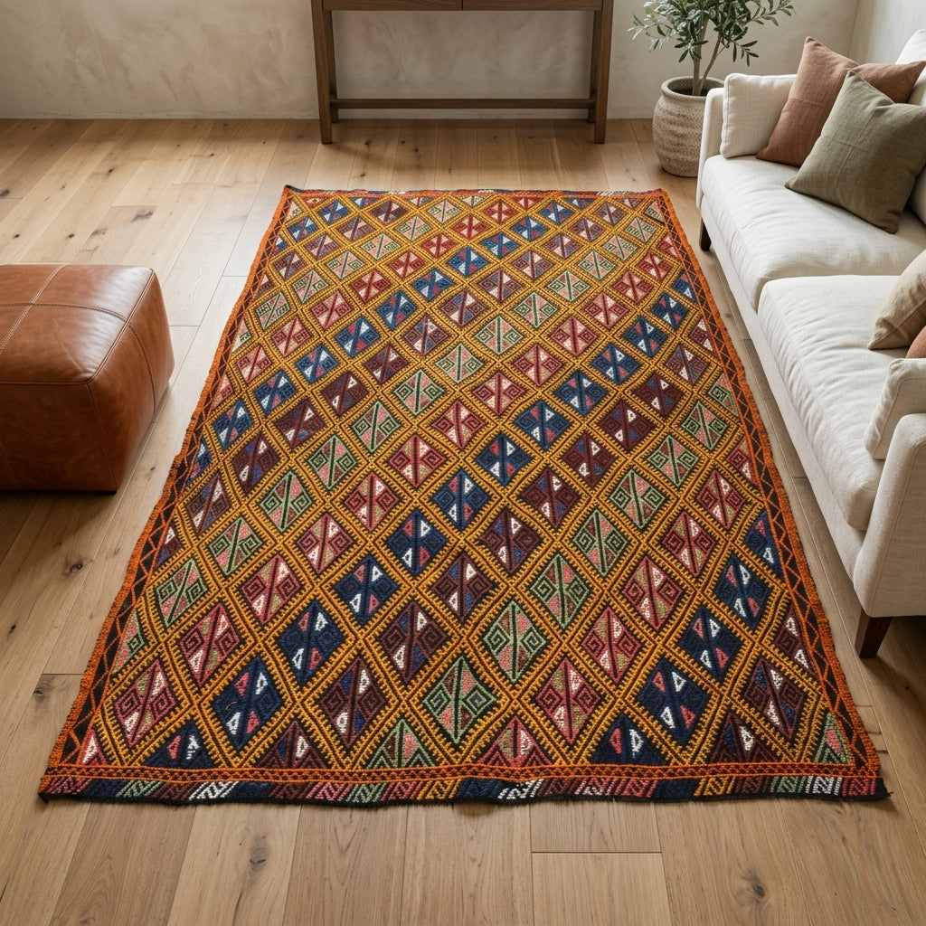 Ikat pattern on the Zeytinsad vintage kilim rug – handwoven flatweave in Anatolia, Turkey
