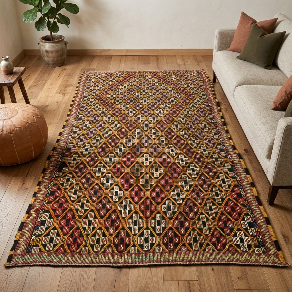 Ikat pattern on the Sehlanur vintage kilim rug – handwoven flatweave in Anatolia, Turkey