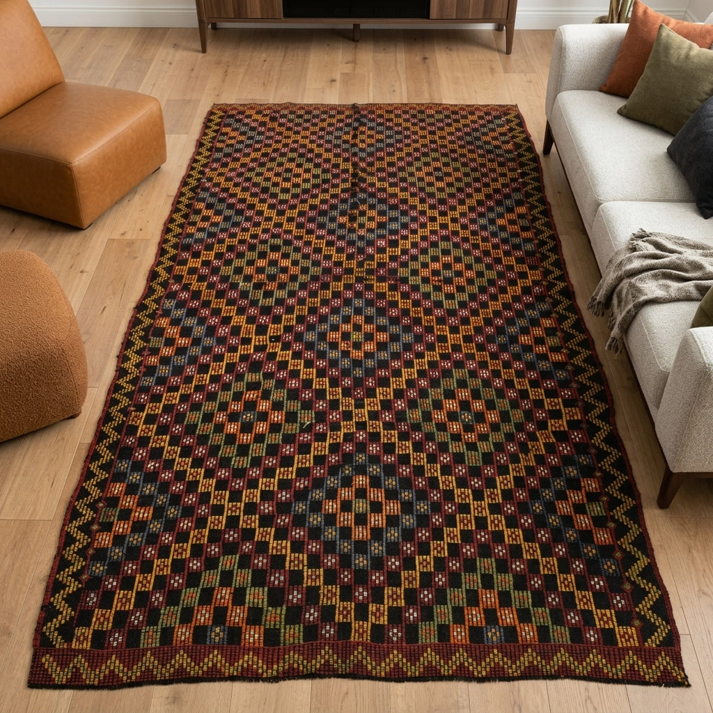 Ikat pattern on the Aglaomorphe vintage kilim rug – handwoven flatweave in Anatolia, Turkey