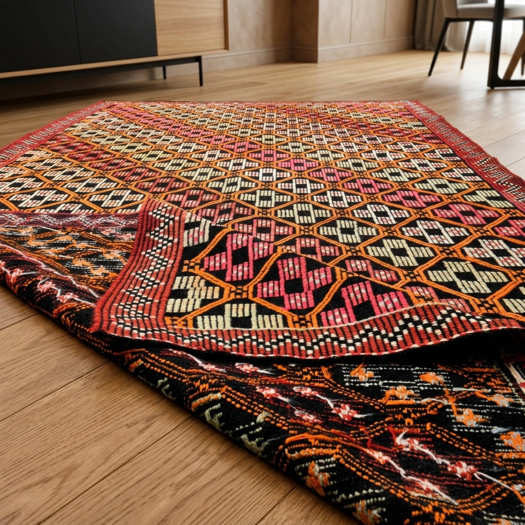 Ikat pattern on the Kadifesel vintage kilim rug – handwoven flatweave in Anatolia, Turkey