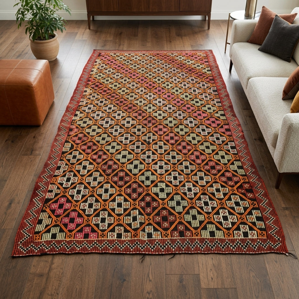 Ikat pattern on the Kadifesel vintage kilim rug – handwoven flatweave in Anatolia, Turkey