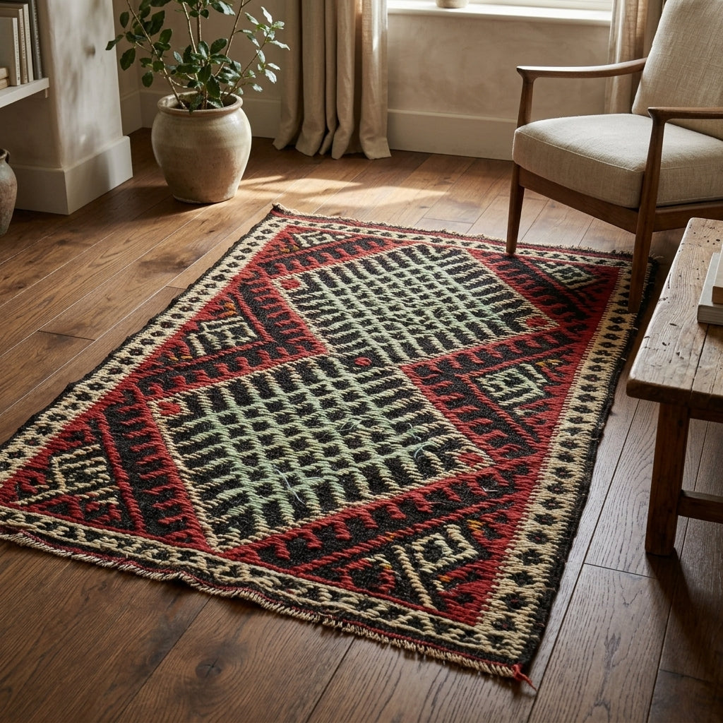 Ikat pattern on the Meltemsel vintage kilim rug – handwoven flatweave in Anatolia, Turkey