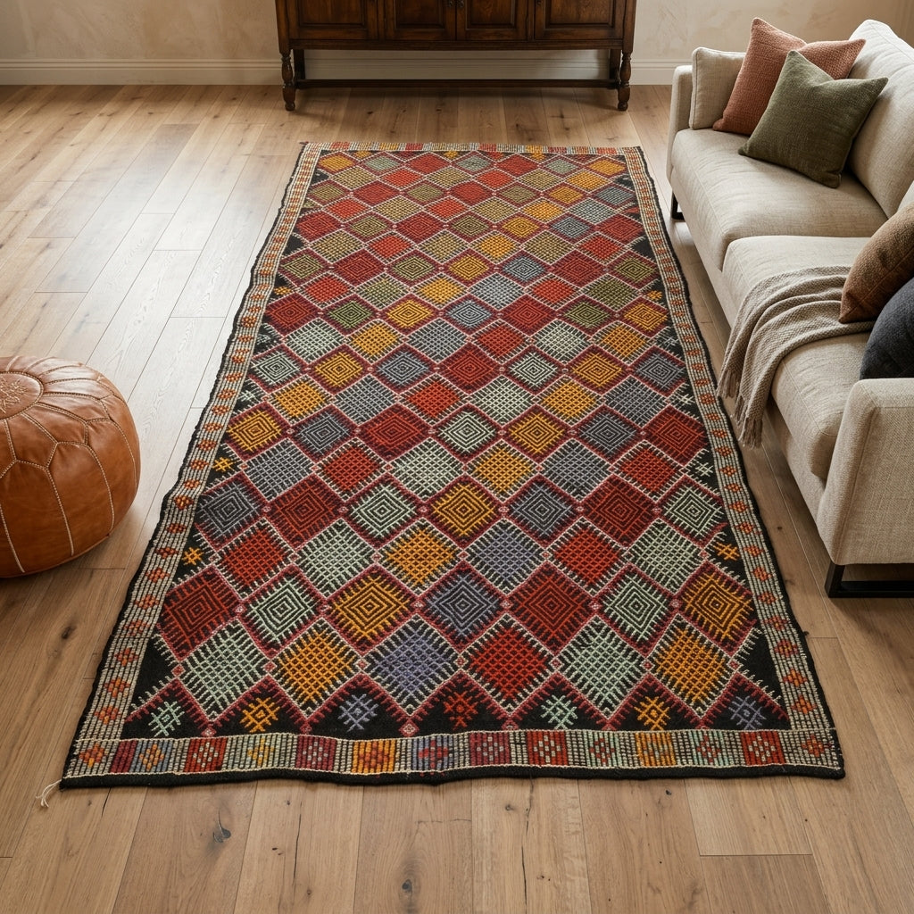 Ikat pattern on the Meltemsel vintage kilim rug – handwoven flatweave in Anatolia, Turkey