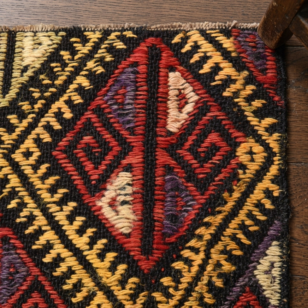 Ikat pattern on the Amaranthkleia vintage kilim rug – handwoven flatweave in Anatolia, Turkey