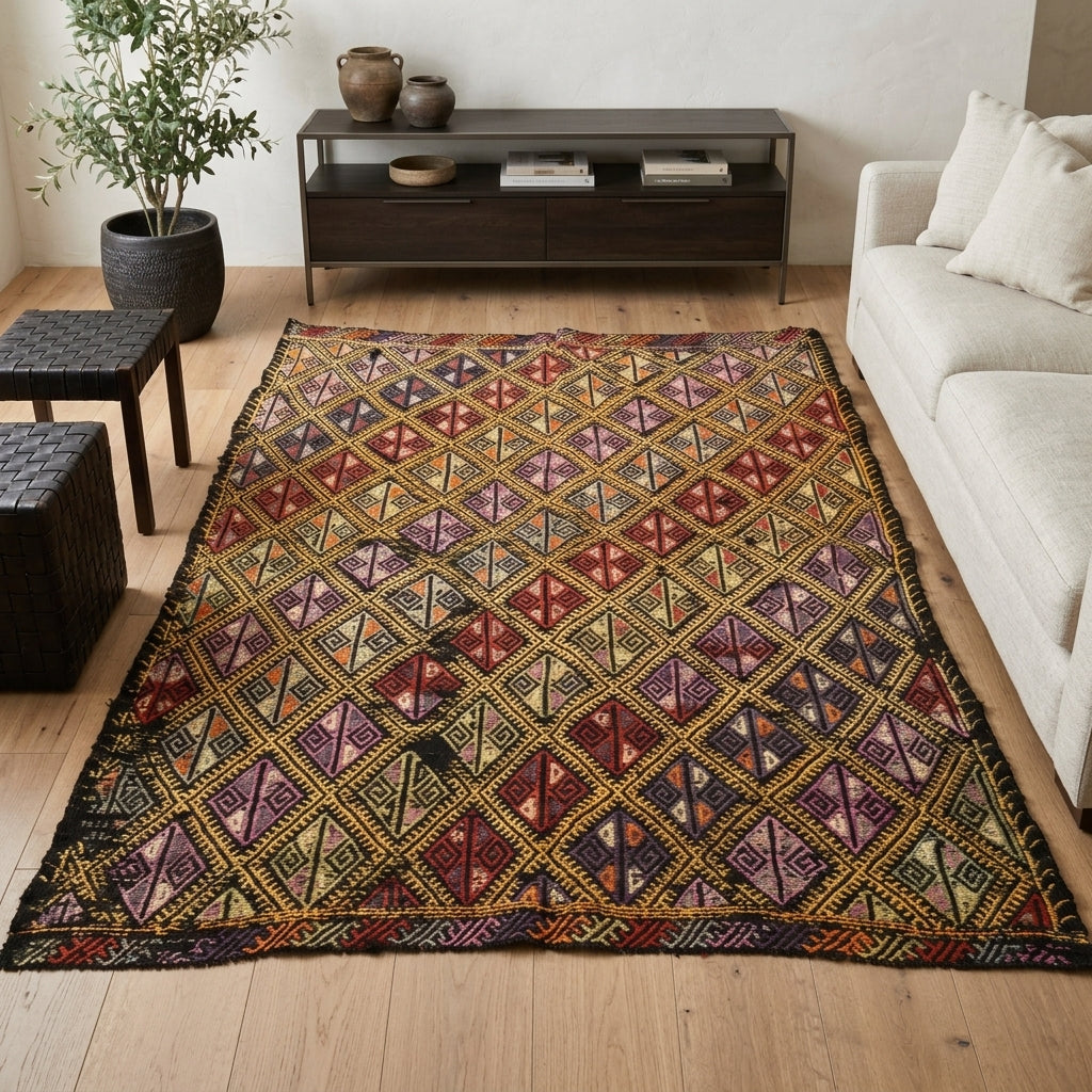 Ikat pattern on the Amaranthkleia vintage kilim rug – handwoven flatweave in Anatolia, Turkey