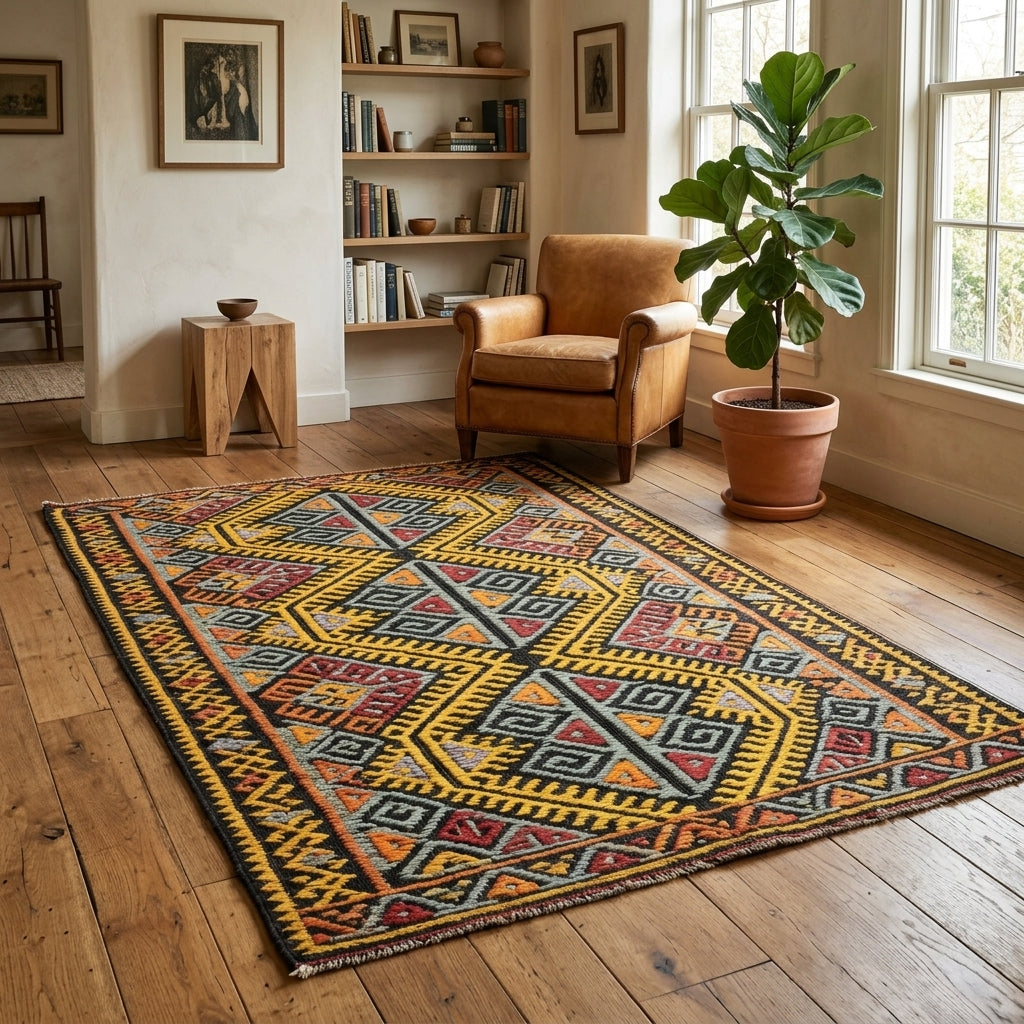 Ikat pattern on the Ayselgul vintage kilim rug – handwoven flatweave in Anatolia, Turkey