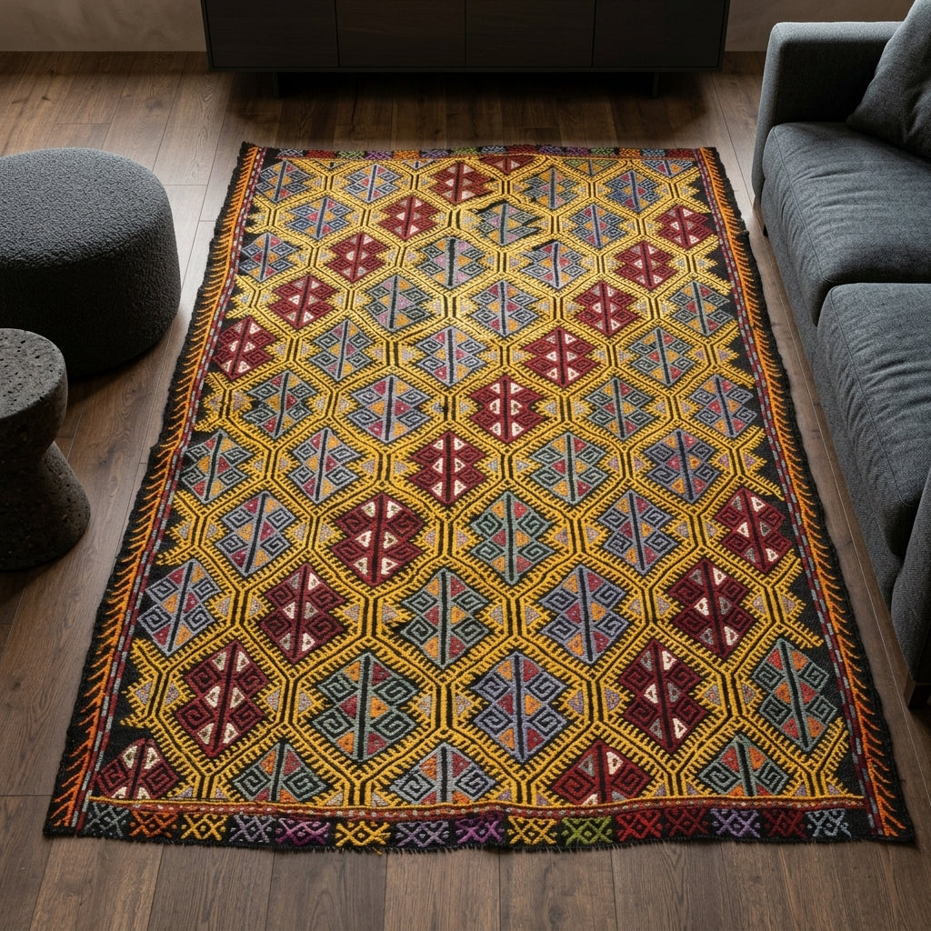 Ikat pattern on the Ayselgul vintage kilim rug – handwoven flatweave in Anatolia, Turkey