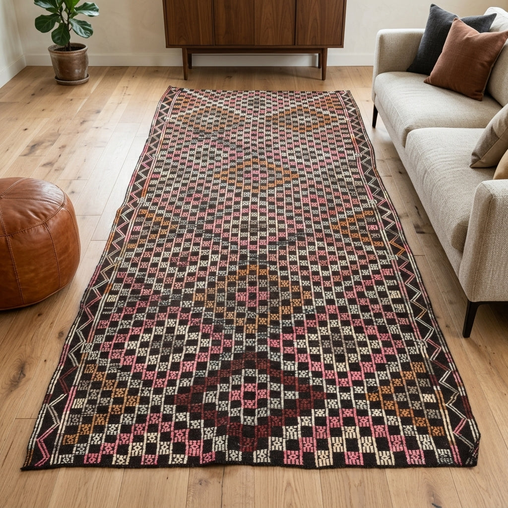 Ikat pattern on the Mercankusa vintage kilim rug – handwoven flatweave in Anatolia, Turkey