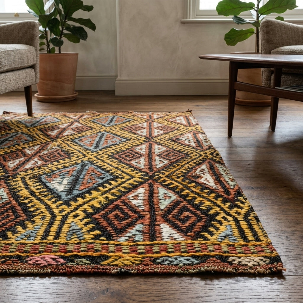 Ikat pattern on the Bestelale vintage kilim rug – handwoven flatweave in Anatolia, Turkey