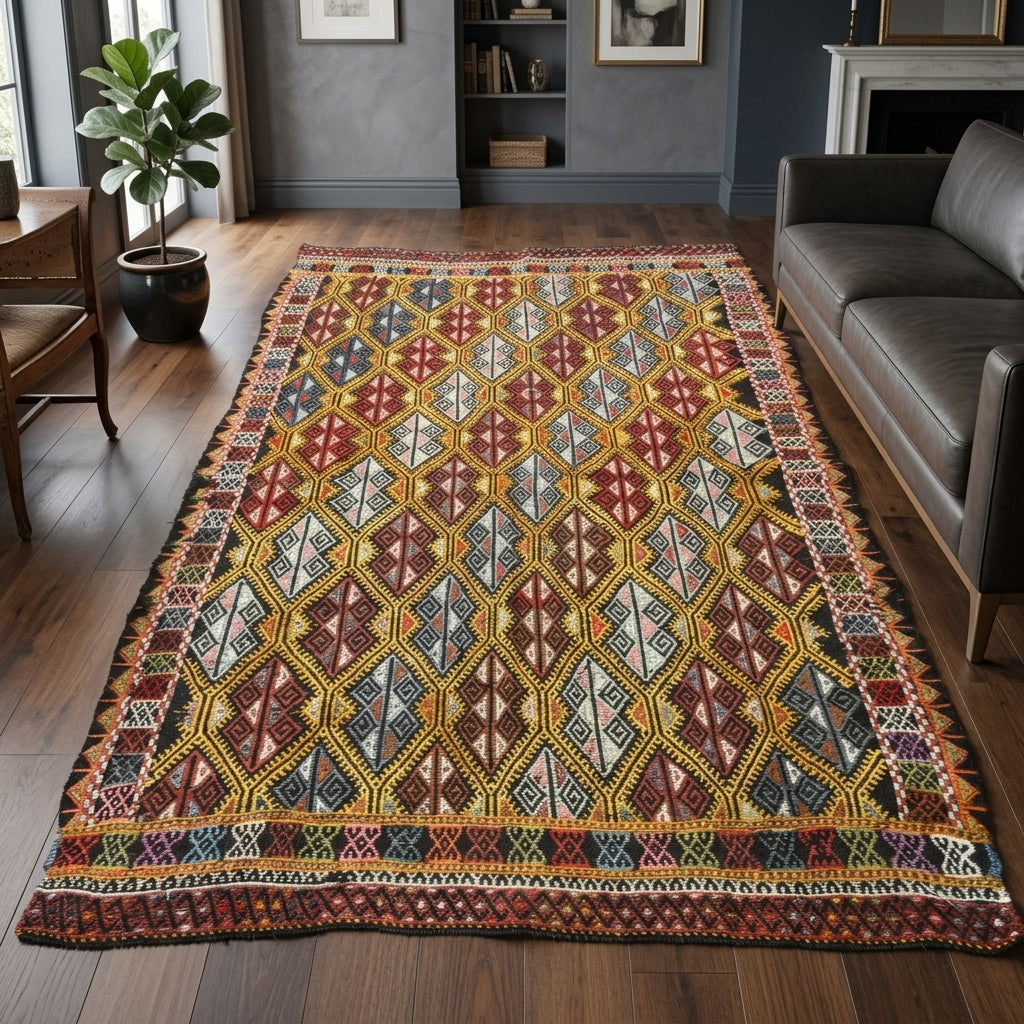 Ikat pattern on the Bestelale vintage kilim rug – handwoven flatweave in Anatolia, Turkey