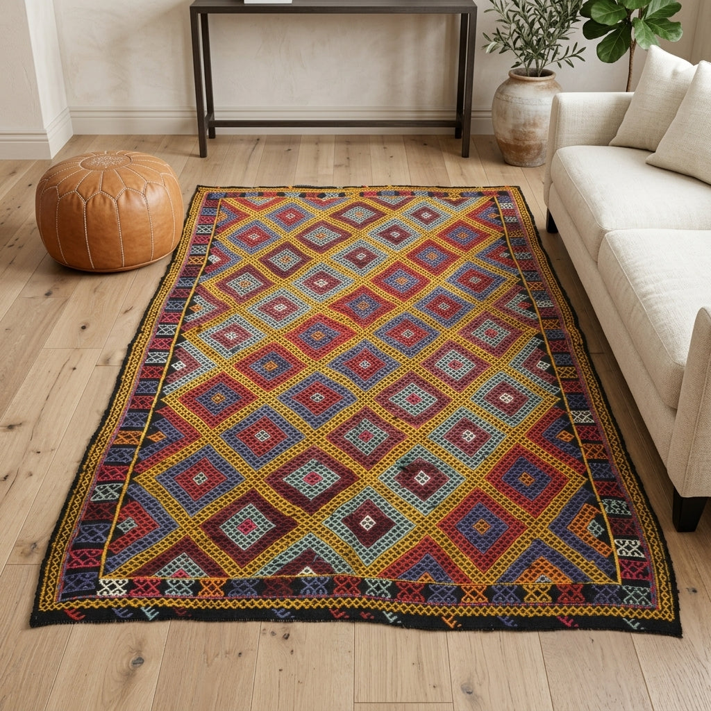 Geometric pattern on the Chrysocharis vintage kilim rug – handwoven flatweave in Anatolia, Turkey