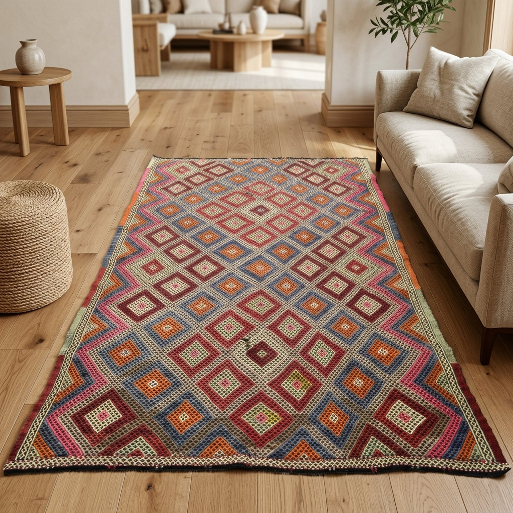 Checkered pattern on the Defnesel vintage kilim rug – handwoven flatweave in Anatolia, Turkey